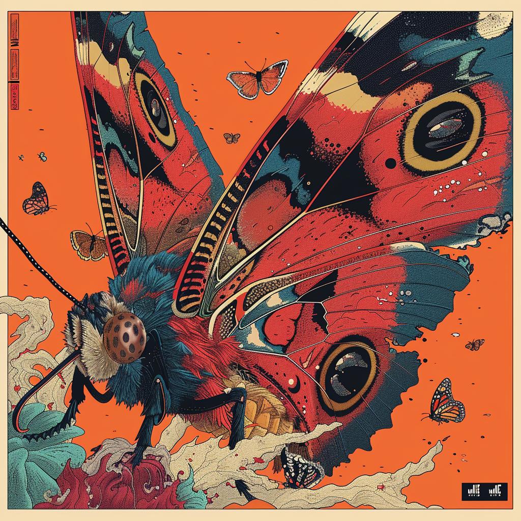 surreal  album  cover  butterflies  red  background  black  hyper-realistic  Toshio  Saeki 960942