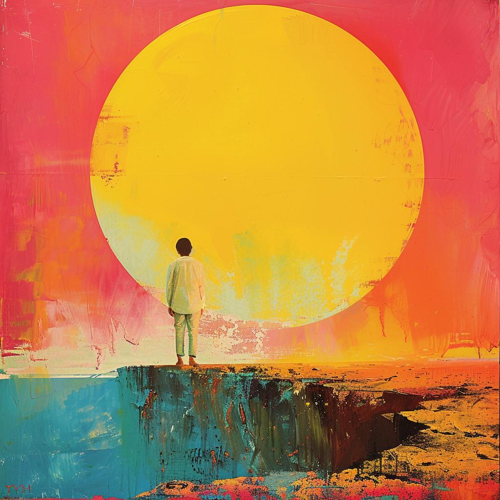 man  cliff  sun  vibrant  mid-century  modern  landscape  abstract  vivid  painting 964980
