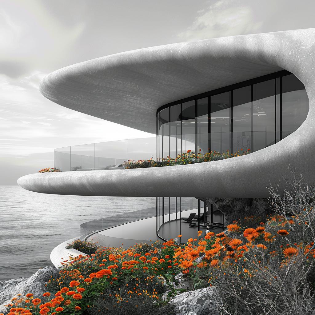 ZAHA  HADID  house  ocean  glass  curved  roof  black  white  flowers 1036301