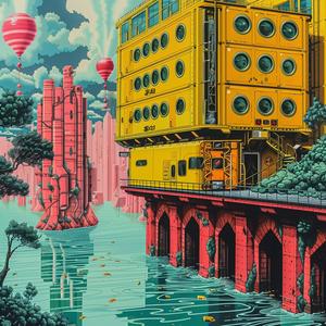 building  balloons  yellow  minimal  chromolithography  Escher  celebration  fantasy  surreal  colorful 1037711