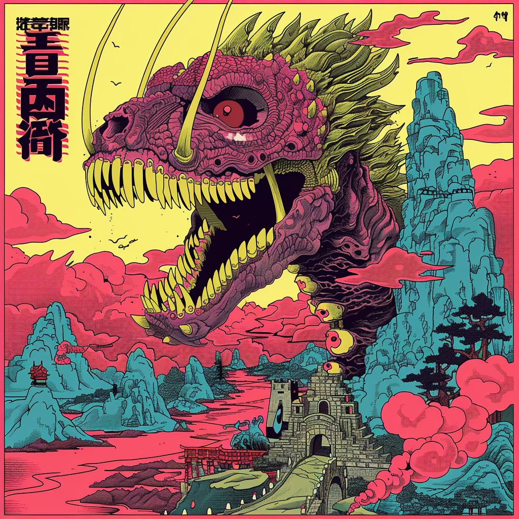 surreal  album  cover  dragon  hyper-realistic  screenprinting  axonometric  Toshio  Saeki  fantasy 961710