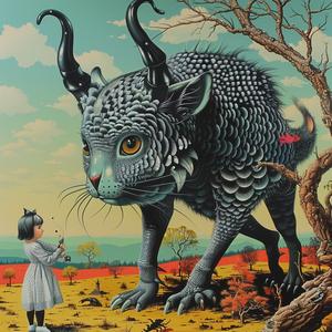 cat  horns  girl  minimal  chromolithography  Maurice  Sendak  whimsical  surreal  illustration 1037336