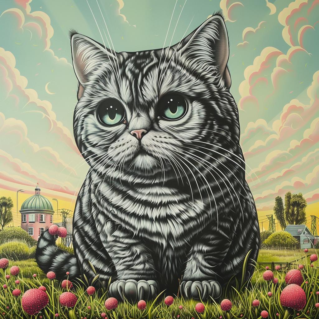 tabby  cat  flowers  sitting  field  whimsical  nature  animal  artwork  colorful 1034037