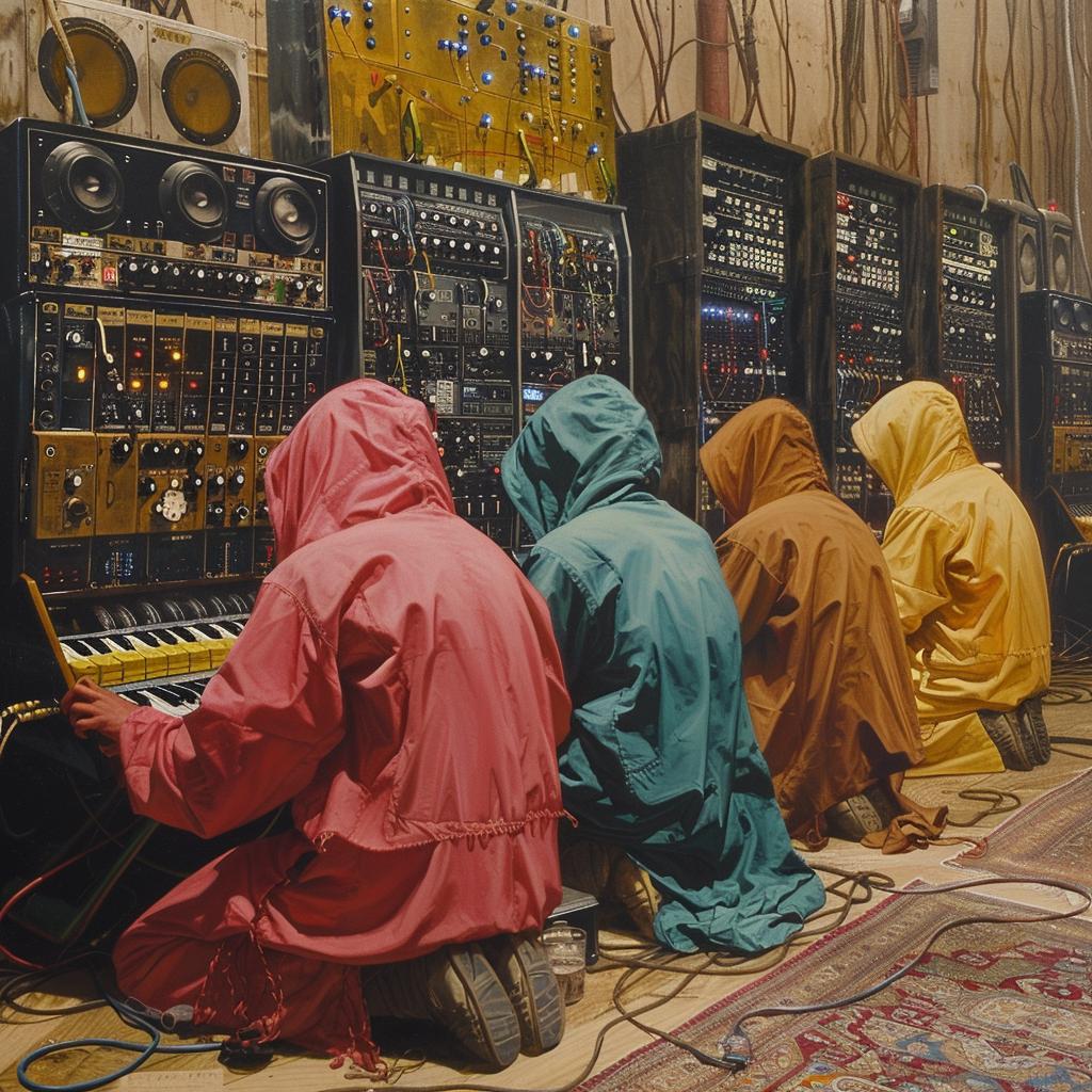 worshipers  praying  synths  electronic  gathering  kneeling  hooded  raincoats  medium  contemporary 1028954