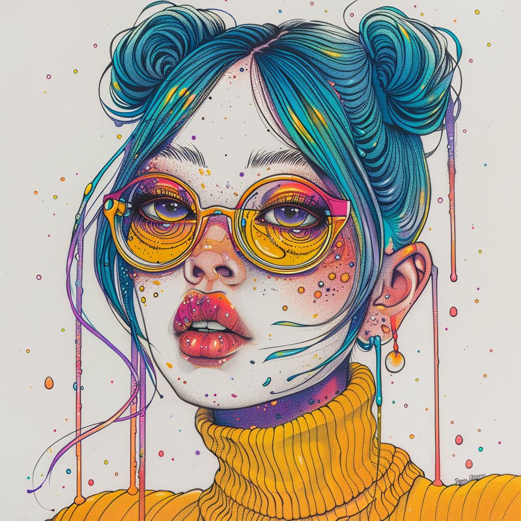 Pop Art  female  Asian-American  four eyes  dripping  eye makeup  Troy Brooks  white background  blue hair  illustration 939312