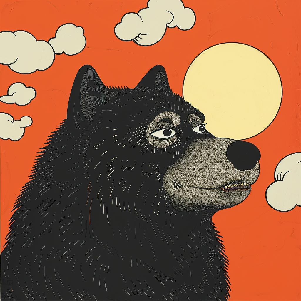 surreal  album  cover  chubby  wolf  black  bear  sun  background  art 978393