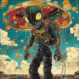 alien  saucer  building  Kirby  comic  art  surrealism  pointillism  gold  indigo 1076289