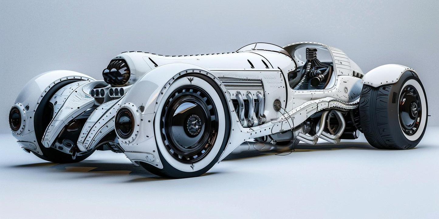 سيارة بيضاء مستقبلية، خلفية سوداء بتصميم سايبر ميستيك ستيم بانك، سيارات حديثة منمقة 927539