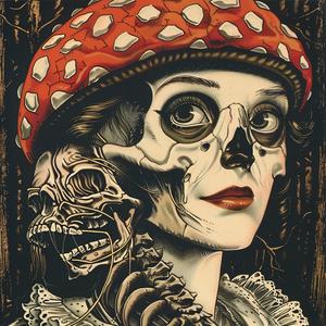skeleton  mushroom  chromolithography  poster  artistic  whimsical  dark  vintage  detailed  surreal 1048243