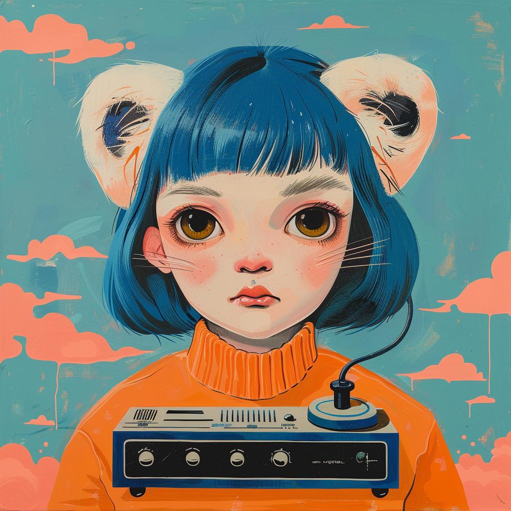 painting  girl  blue  hair  mouse  ears  colorful  whimsical  Cornella  cartoonish 966385