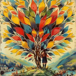 chromolithography  poster  colorful  tree  person  standing  art  illustration  nature  scape 1050730