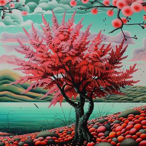 red tree  pink flowers  chromolithography  nature  colorful  vibrant  art  landscape  whimsical  decorative 1037794