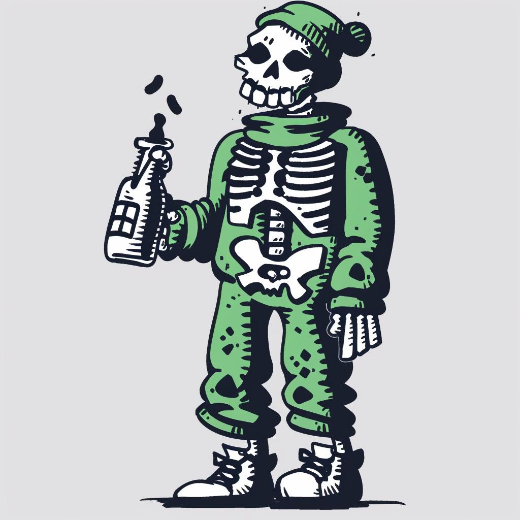 skeleton  green  costume  bottle  cartoon  playful  character  whimsical  fun  colorful 1027728