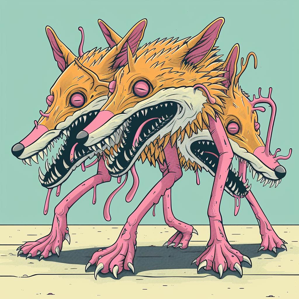 fox  mythical  conjoined  three  turned  heads  graphic  illustration  spiked  creature 927984