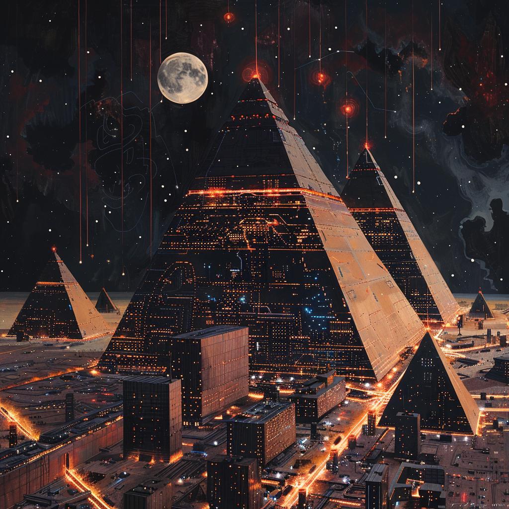 sci-fi  vintage  gouache  pyramids  moon  background  data  centers  black  detail 922212