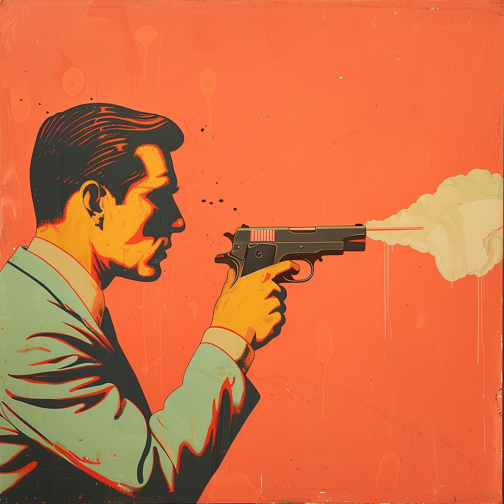 surreal  album  cover  man  gun  red  background  painting  creative  Joan 1017438