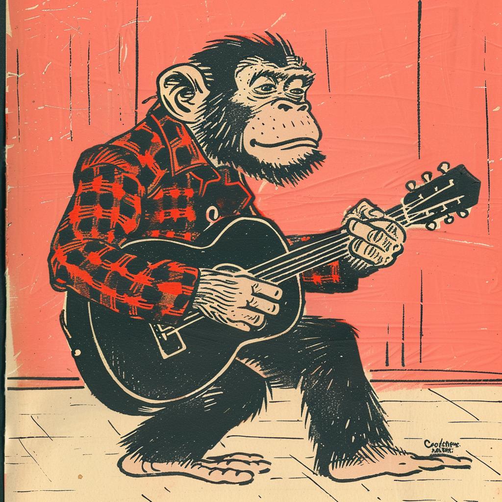 chimp  guitar  plaid  Moebius  whimsical  playful  animal  music  illustration  character 922585