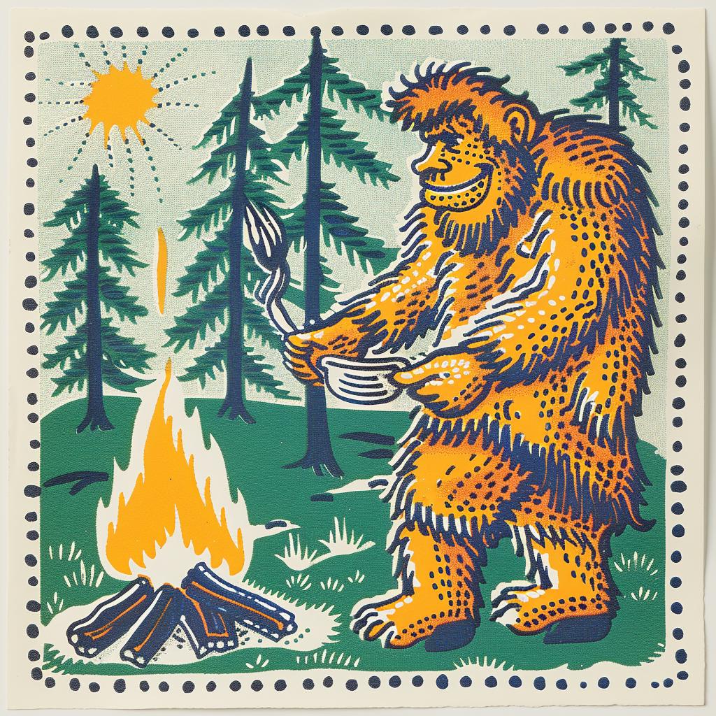 Sasquatch  cooking  campfire  bigfoot  forest  outdoors  mythical  nature  illustration  whimsical 962676