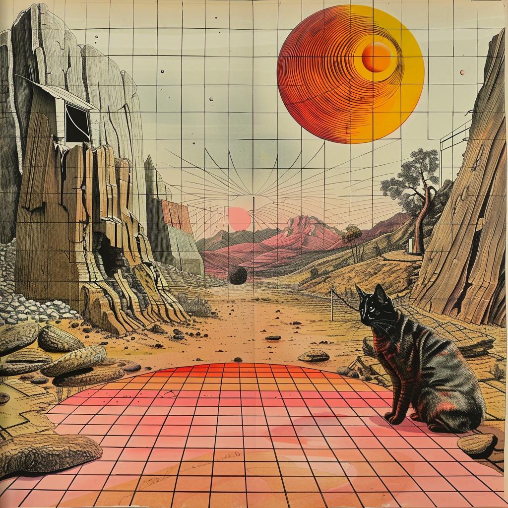 لوحة ألبوم موجة جديدة من الثمانينيات، قطة حمراء، شمس، أرضية، vaporwave، رقم 1035727