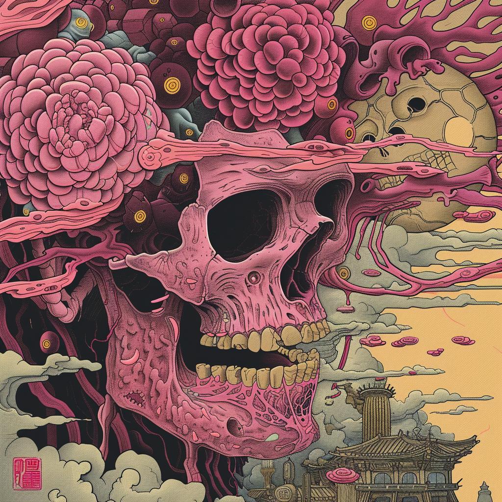 surreal  album  cover  skull  flowers  hyper-realistic  screenprinting  axonometric  Toshio  Saeki 961715