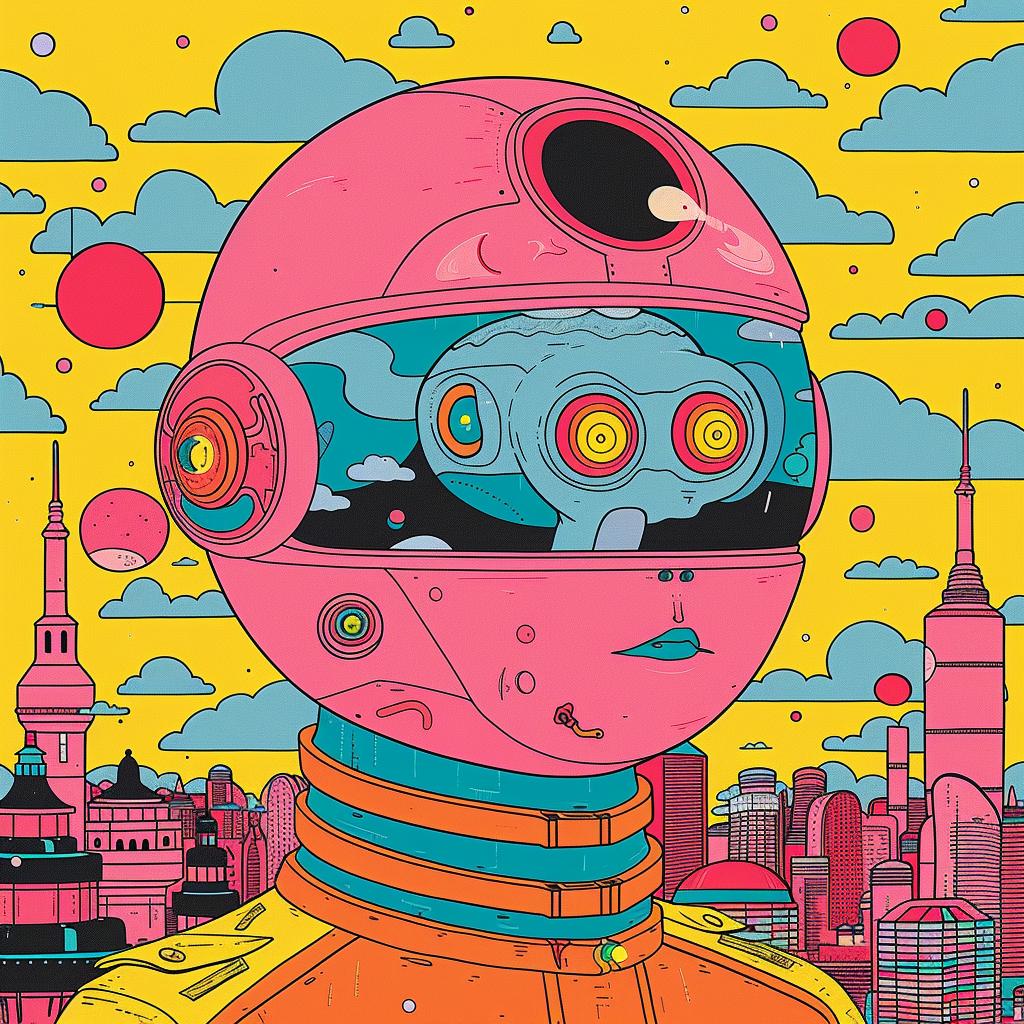 surreal  album  cover  Joan  Cornella  cyborg  character  pink  helmet  city 1019296