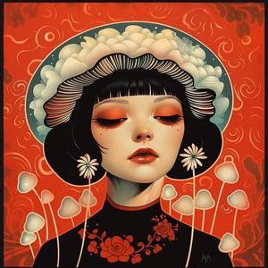 surreal  album  cover  woman  hat  flowers  Risograph  hyper-realistic  Symbolist  whimsical 1074910