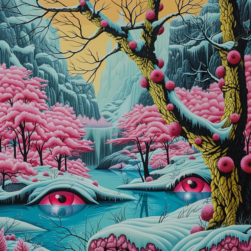 forest  winter  animated  vibrant  folk-inspired  illustrations  colorful  snow  landscape  trees 945159