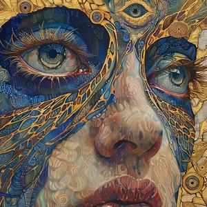 Art Nouveau  Surrealism  pointillism  makeup  woman  gold  blue  naturalistic  spiritual  dark 1077165