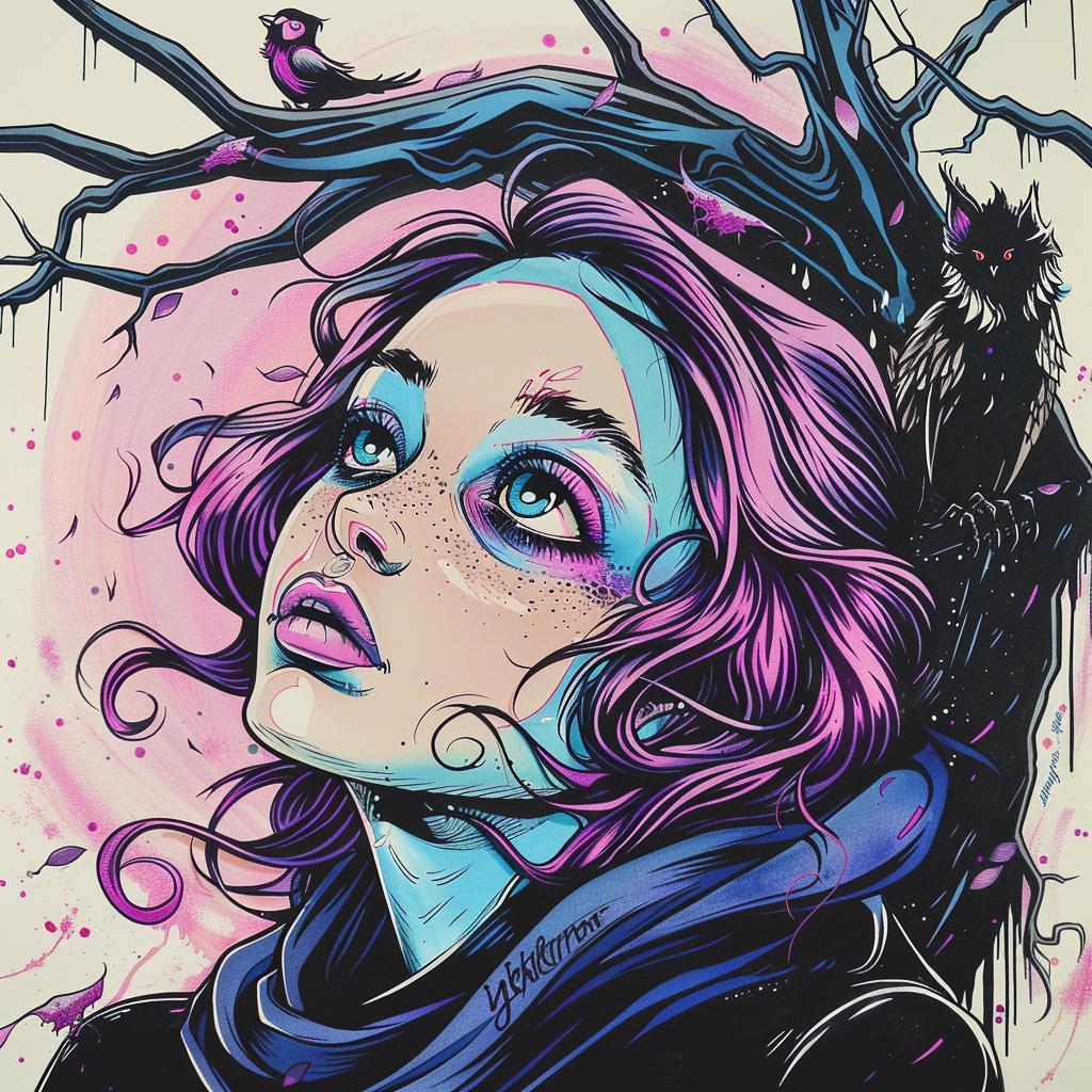 امرأة ذات شعر أرجواني وعيون، صورة شخصية، بيكي كلونان، رسم توضيحي، فن خيالي ملون، 929833