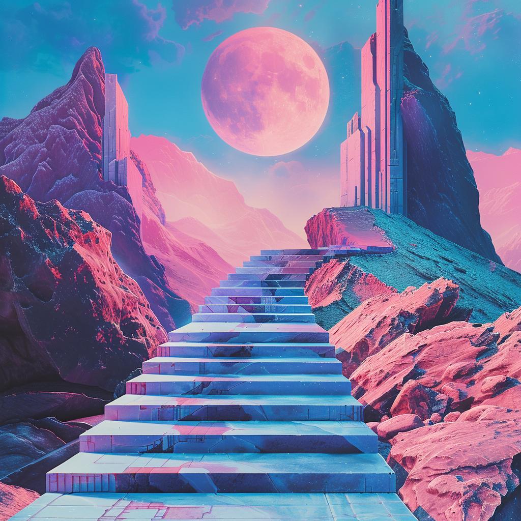 digital  painting  stairs  moonlit  sky  1980s  geometric  electro  synthwave  trippy 960761