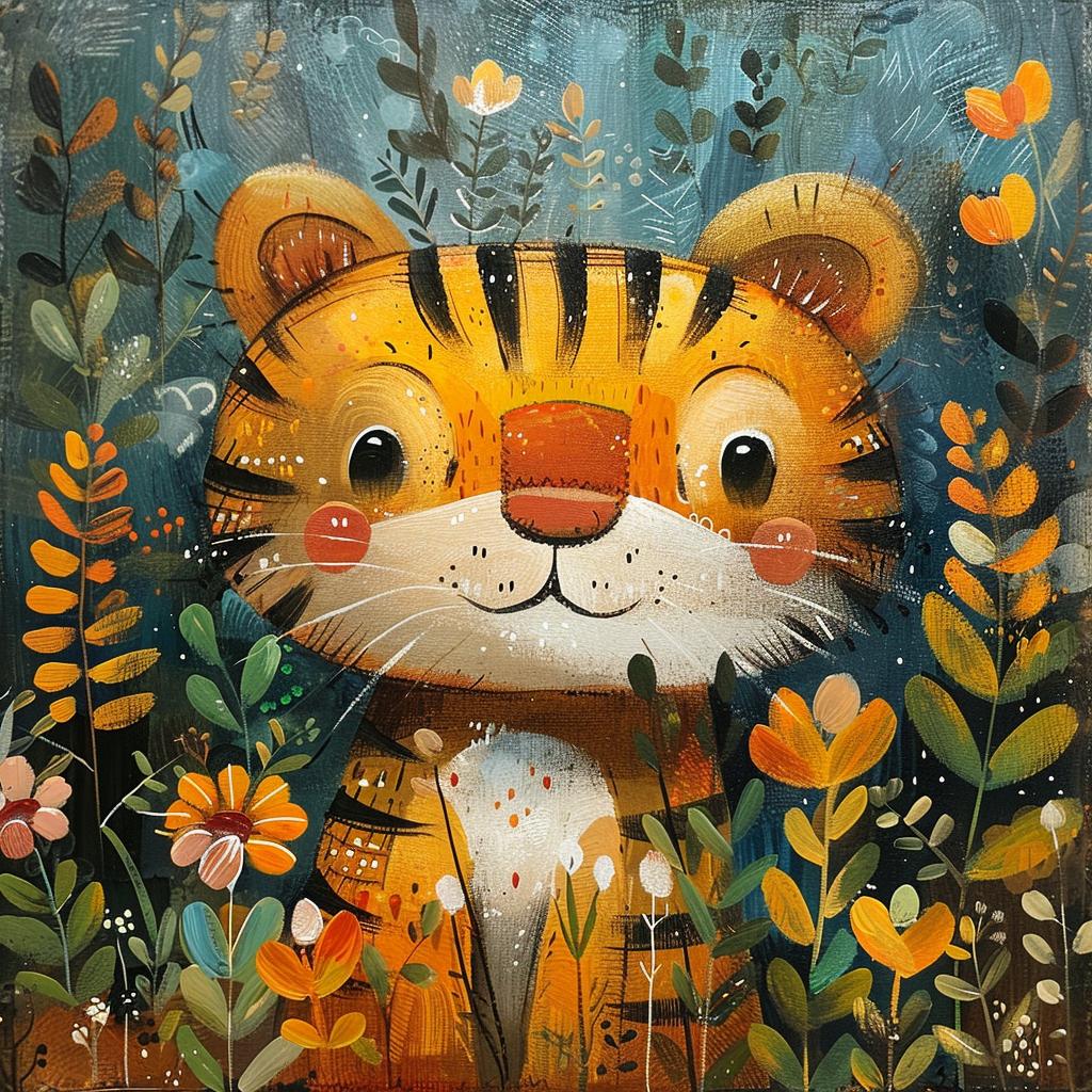 tiger  kawaii  wild  vibrant  illustration  flowers  colorful  whimsical  nature  art 938681