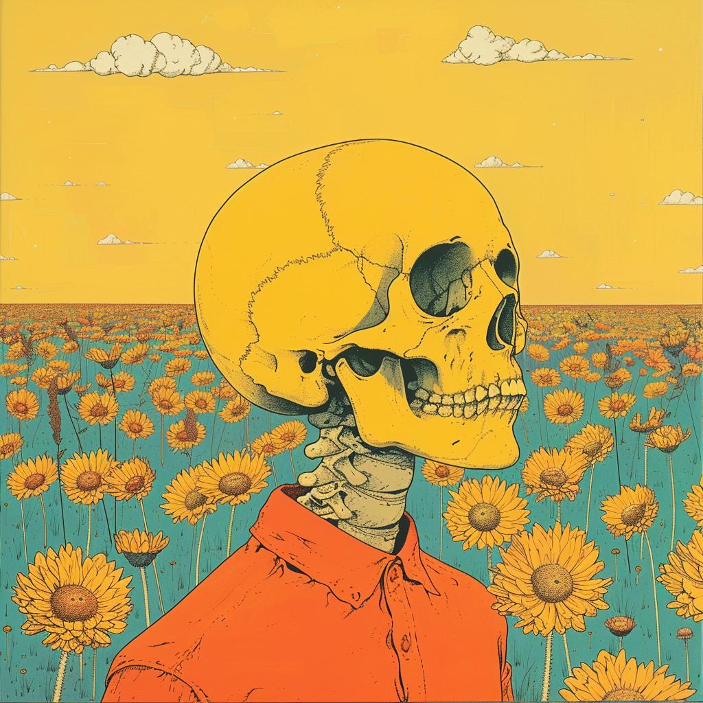 album  cover  surreal  skull  sunflowers  Joan  Cornella  creative  art  colorful 1018031