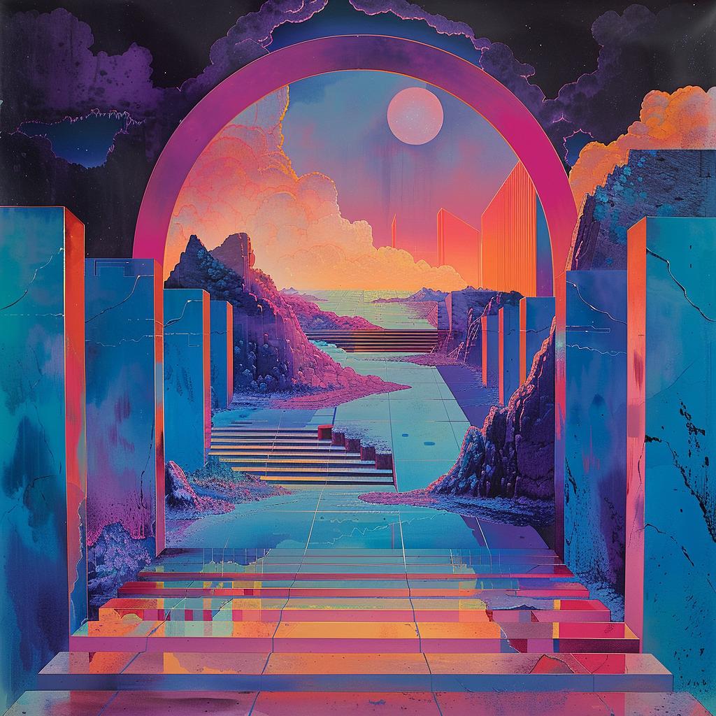 painting  archway  stairs  sunset  colorful  1980s  geometric  electro  synthwave  trippy 960762