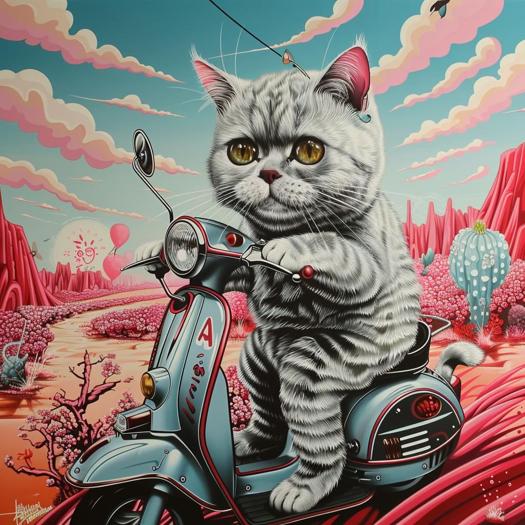 cat  moped  scooter  whimsical  funny  illustration  colorful  cartoon  playful  graphic 1028543