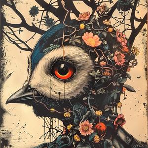bird  flowers  chromolithography  nature  colorful  whimsical  floral  art  illustration  vibrant 1048067