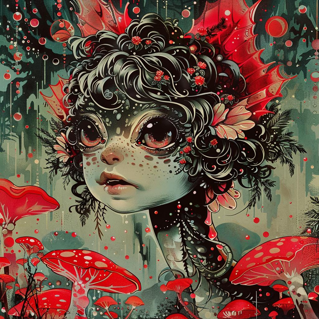 girl  redhair  mushrooms  chromolithography  nature  whimsical  fantasy  vibrant  colorful  portrait 1035888