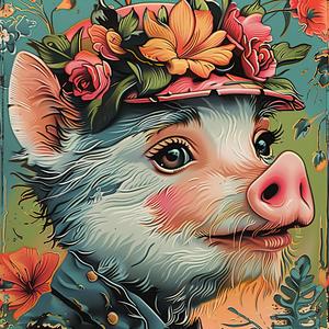 pig  flower  hat  painting  colorful  art  whimsical  illustration  nature  chromolithography 1052450