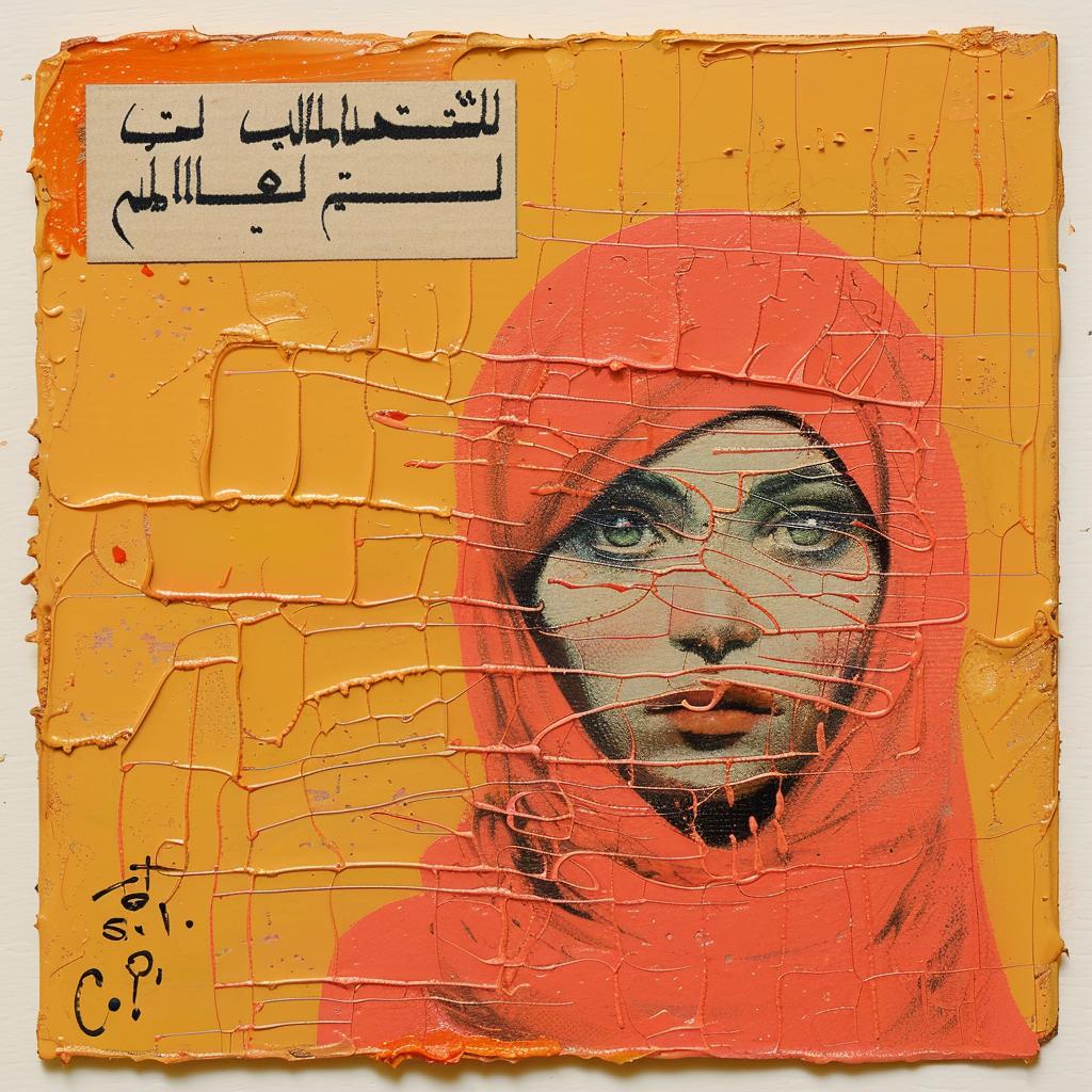 woman  orange  scarf  encaustic  paint  impasto  Middle-Eastern  portrait  colorful  texture 1015881