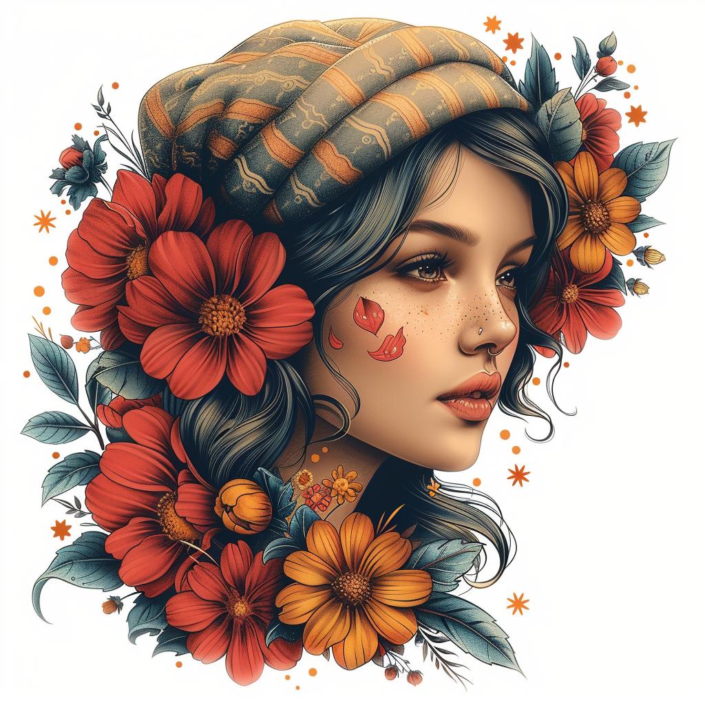 traditional  vintage  tattoo  flash  classic  bold  lines  flowers  hair  hat 1018210