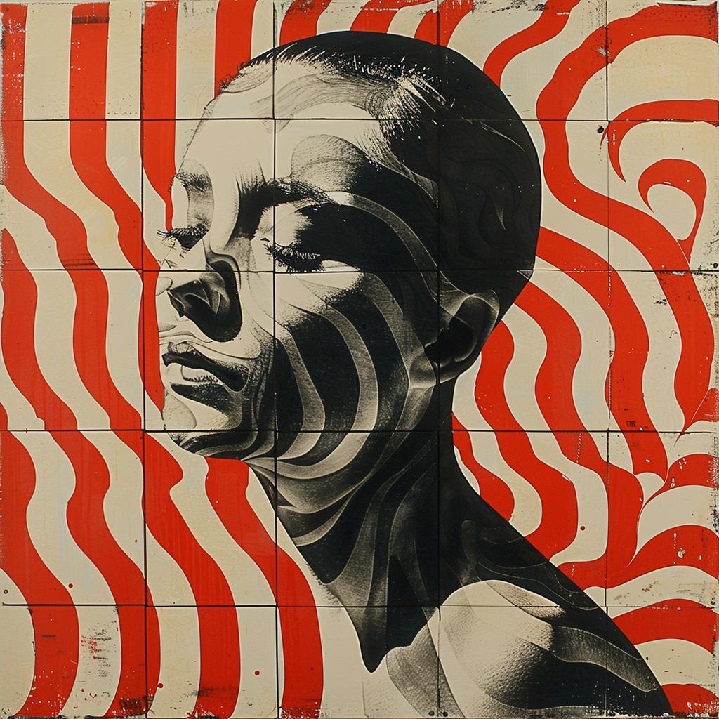 surreal  album  cover  hyper-realistic  screenprinting  woman  stripes  red  Barry  McGee 960312