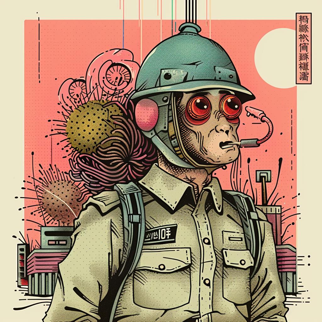 monkey  helmet  gun  cartoon  character  whimsical  playful  illustration  creative  surreal 947256