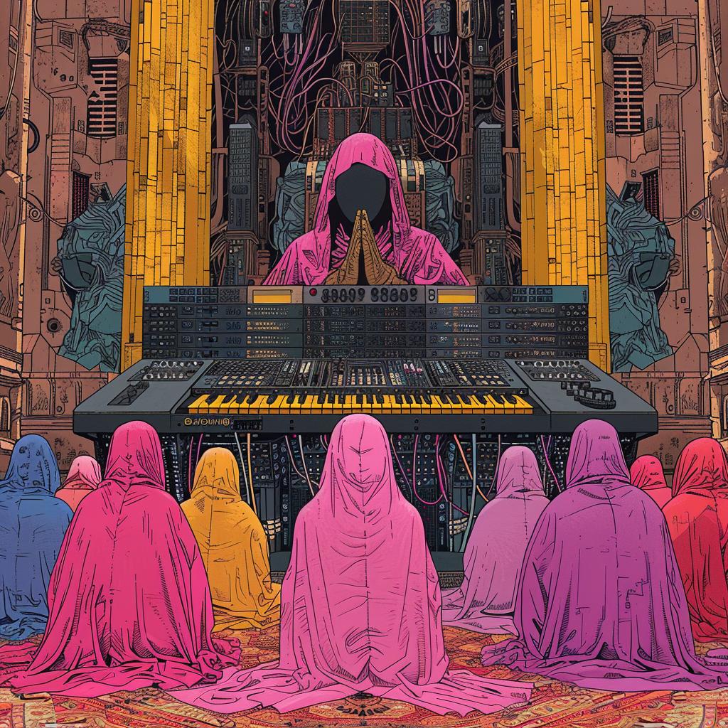 psychedelic  70s  worshipers  synthesizer  colorful  kneeling  art  spiritual  music  vibrant 1029024
