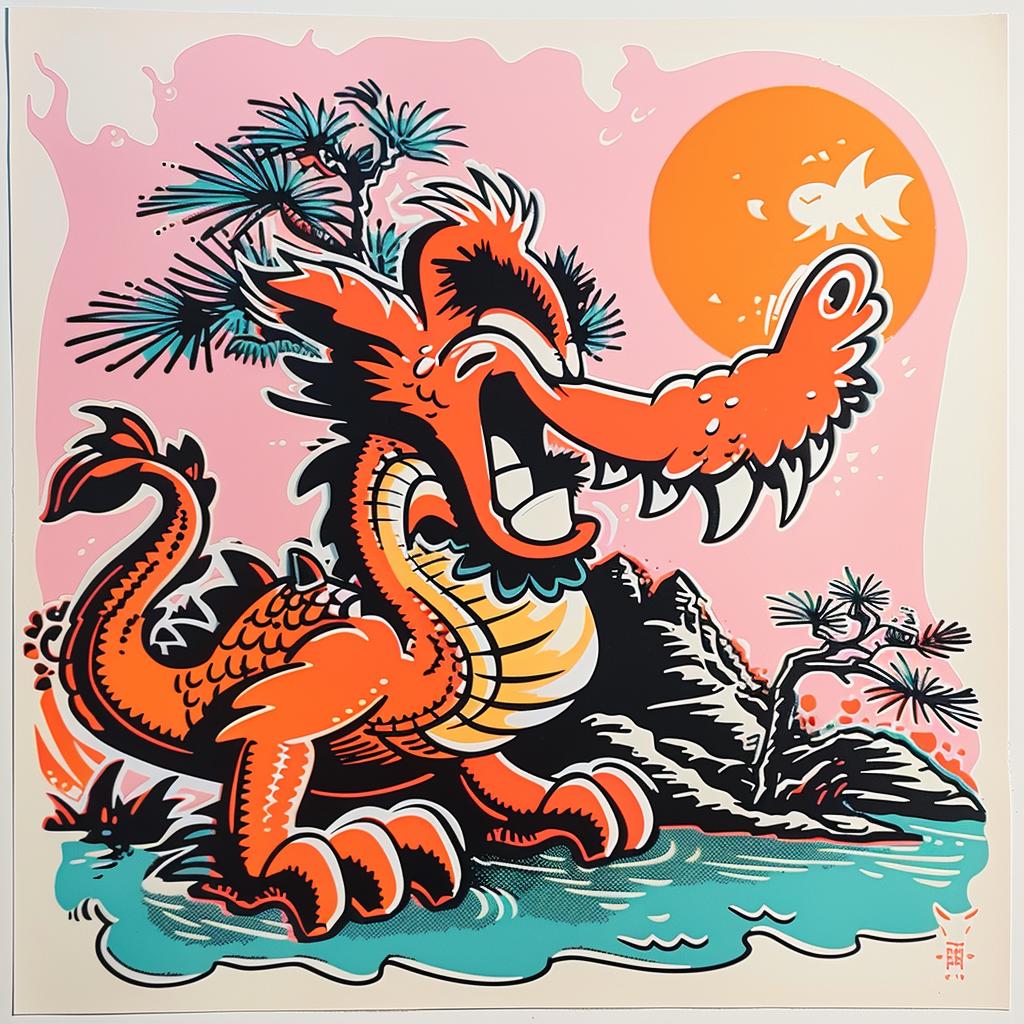 surreal  album  collage  dragon  fish  orange  poster  hyper-realistic  Toshio  Saeki 942232