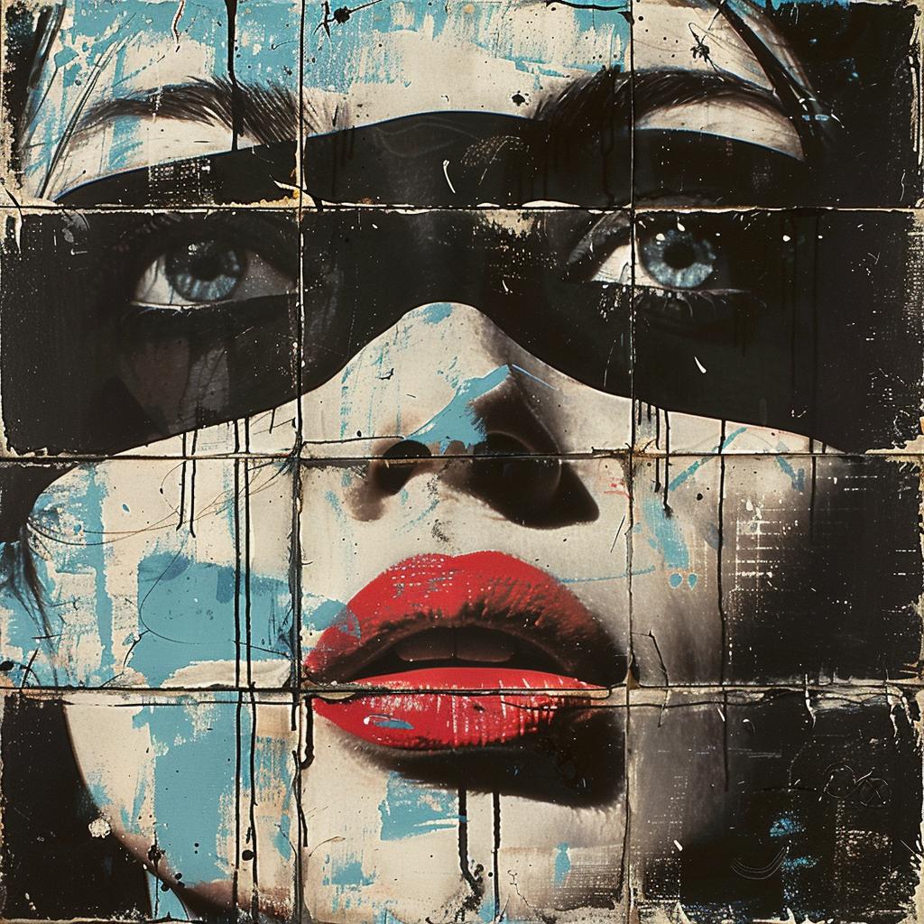 surreal  album  cover  hyper-realistic  screenprinting  WRDSMTH  encaustic  woman  mask  face 960025