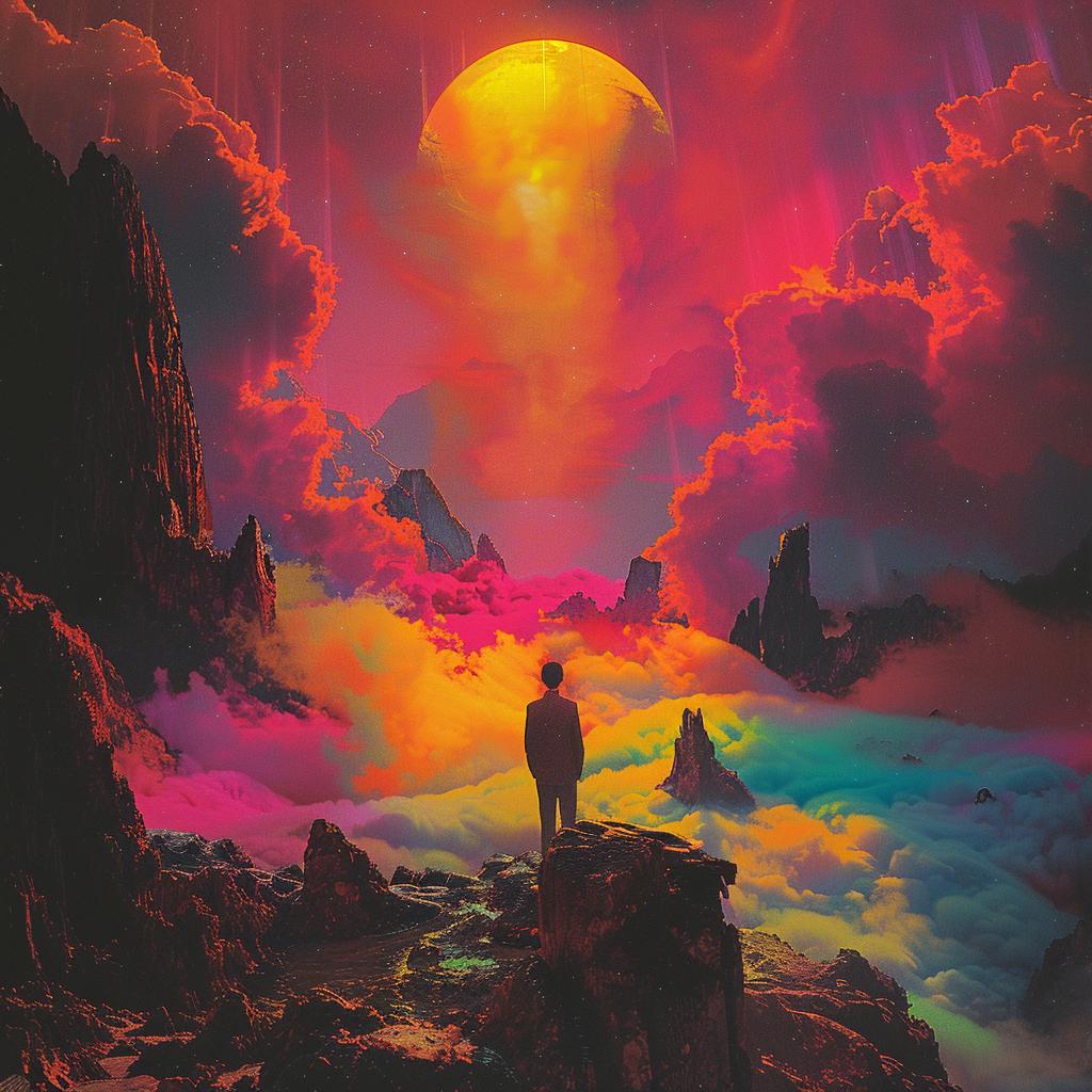 surreal  album  cover  man  mountain  colorful  sky  vivid  artistic  visual 975113