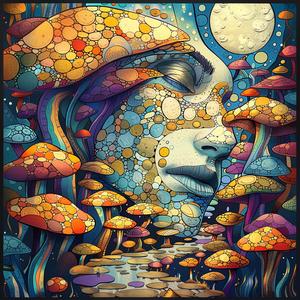 psychedelic  mushrooms  woman  pointillism  surrealism  vintage  gold  indigo  teal  artwork 1076436
