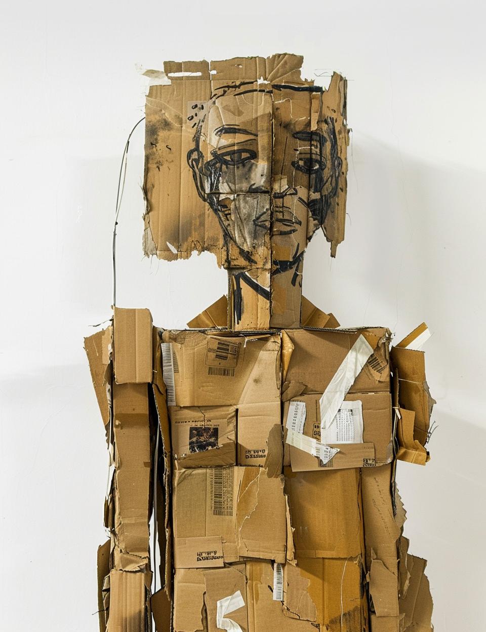 cardboard  sculpture  man  worn  aged  tape  stapled  stamped  materials  art 962111