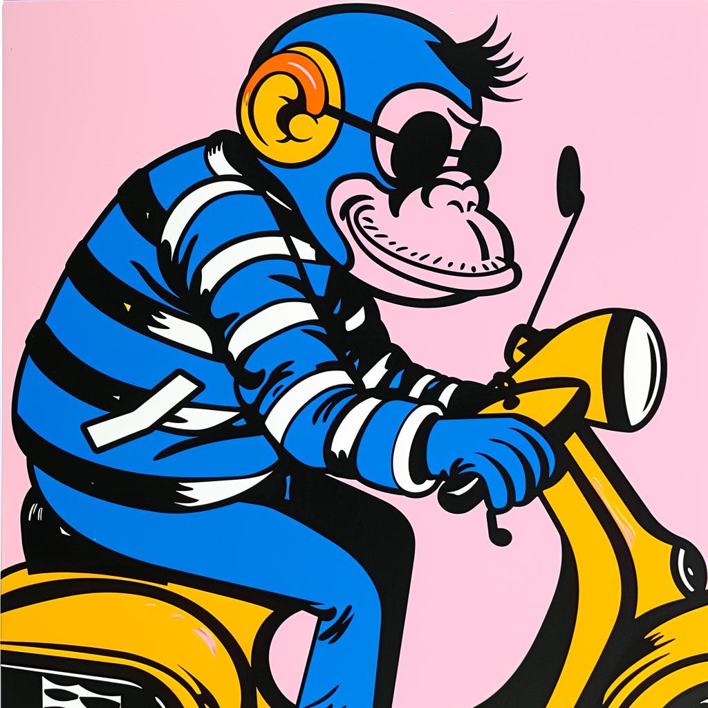 Chimp  Moped  Painting  Monkey  Scooter  Funny  Animal  Art  Stylized  Colorful 1022147