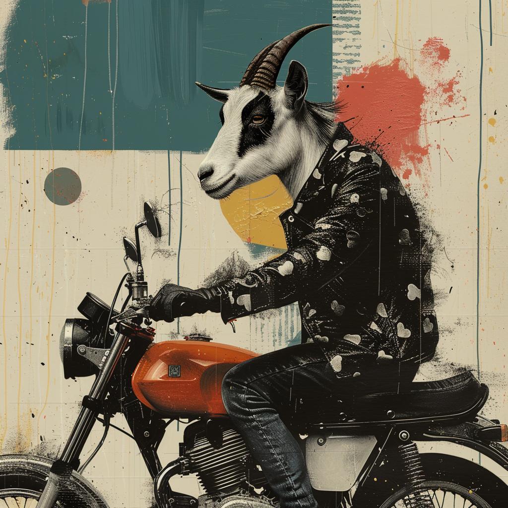 goat  motorcycle  artwork  whimsical  creativity  animal  illustration  playful  humor  unique 1021495