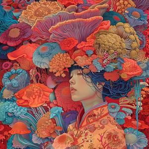 illustration  woman  colorful  flowers  mushroomcore  detailed  Moebius  style  art  vivid 1072922